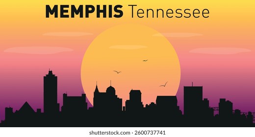 Silhouette of the city of Memphis, Tennessee against the backdrop of a picturesque sunset.