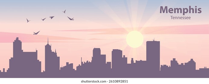 The silhouette of the city of Memphis, Tennessee against the backdrop of the sunset and pink clouds. It is also made in pastel colors