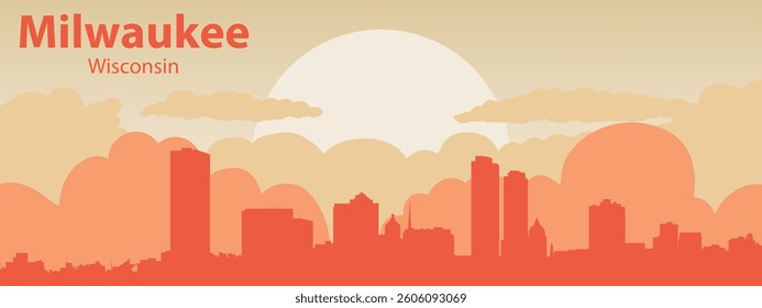 Silhouette of the city of Milwaukee, Wisconsin against the backdrop of the sunset.