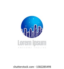 silhouette city for modern style / emblem logo design inspiration, Stamp Icon Skyline City Design.