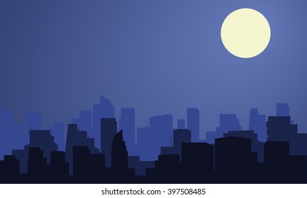 Silhouette of city with moon at the night