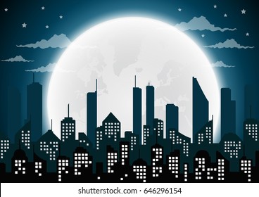 Silhouette of the city and night with  full moon at the sky.vector