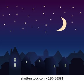 Silhouette Of The City And Night Sky With Stars And Moon.