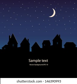 Silhouette of the city and night sky with stars and moon. 