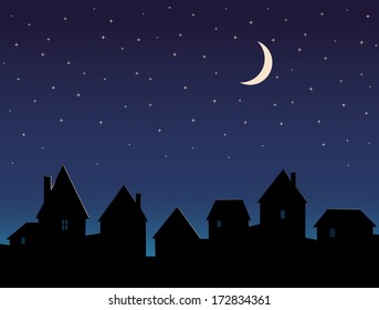 Silhouette City Night Sky Stars Moon Stock Vector (Royalty Free ...