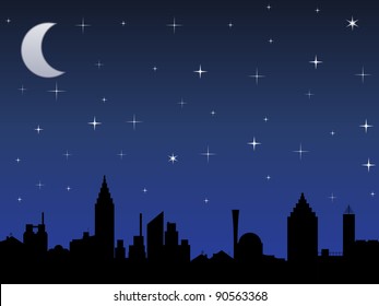 Silhouette of the city and night sky with stars and Moon, vector illustration
