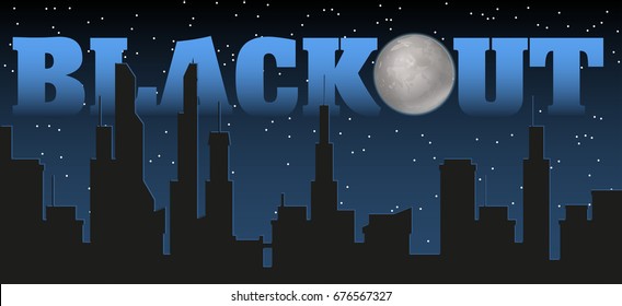 Silhouette of the city and night with stars, fool moon at the dark sky and blackout title