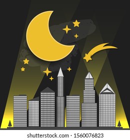 Silhouette Of The City And Night With Stars And Moon At The Sky. Illustration