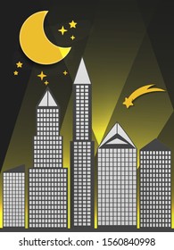 Silhouette Of The City And Night With Stars And Moon At The Sky. Illustration
