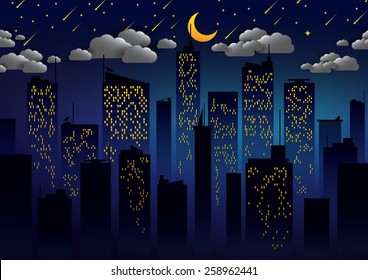 Silhouette of the city and night with stars and moon at the sky.