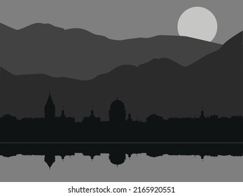 Silhouette of city on background of mountains vector illustration. City line reflected in water. Night shadow of town in mountainous area. Night composition with moon