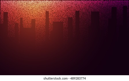 silhouette of the city on the background of the sunset from the colored particles