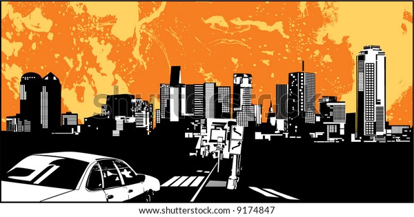 Silhouette of city on an\
orange background