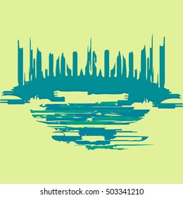 Silhouette of the city on the sea. Bright varicolored shape of the town. Flows of paint. Vector illustration.