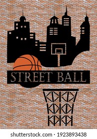 silhouette of the city painted on the old wall and the image of a basketball with a basketball basket and streetball signature