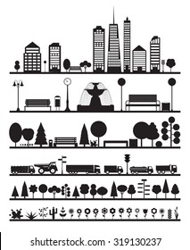 Silhouette City, Park, Forest, Road  Elements. EPS10