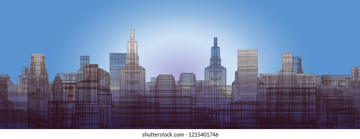 Silhouette of the city in perspective against the sky