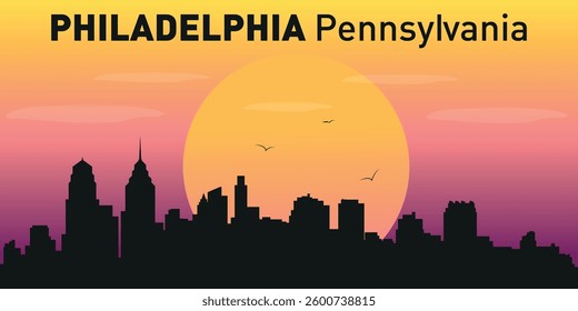  Silhouette of the city of Philadelphia, Pennsylvania against the backdrop of a picturesque sunset.