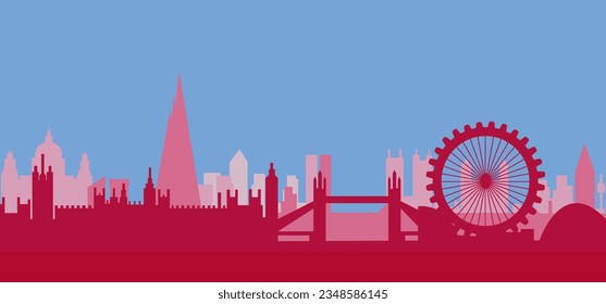 Silhouette of the city in pink colors with a ferris wheel. Pink city. City for a doll against the blue sky.Vector