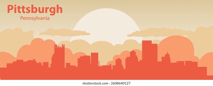  the silhouette of the city of Pittsburgh, Pennsylvania against the backdrop of the sunset with clouds in the sky.

