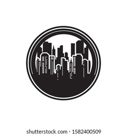 silhouette city for Retro vintage badge / emblem logo design inspiration, Stamp Icon Skyline City Design.