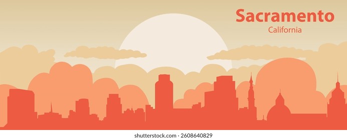 the silhouette of the city of Sacramento, California against the backdrop of the sunset with clouds in the sky.