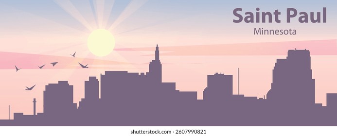 The silhouette of the city of Saint Paul, Minnesota against the backdrop of the sunset and pink clouds. It is also made in pastel colors