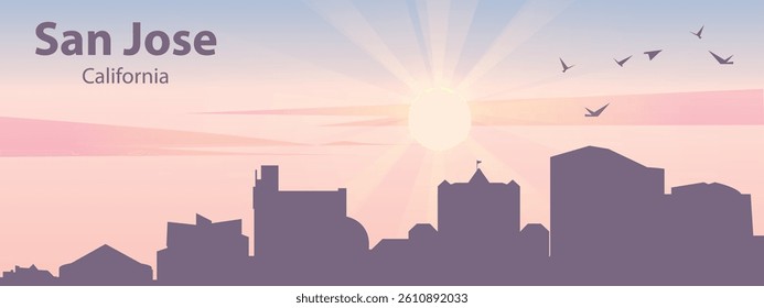 The silhouette of the city of San Jose, California against the backdrop of the sunset and pink clouds. It is also made in pastel colors