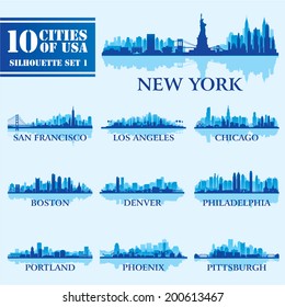 Silhouette city set of USA 1 on blue. Vector illustration