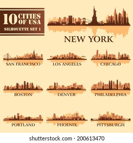 Silhouette city set of USA 1 on brown. Vector illustration