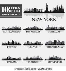 Silhouette city set of USA 1 on grey. Vector illustration