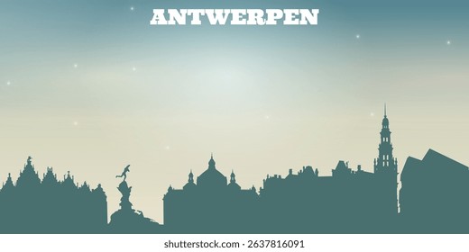 silhouette of the city skyline of Antwerpen with several high-rise buildings of different shapes and heights against the background of a bright sky.

