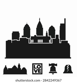 Silhouette of a city skyline featuring multiple church spires and towers against a dark sky