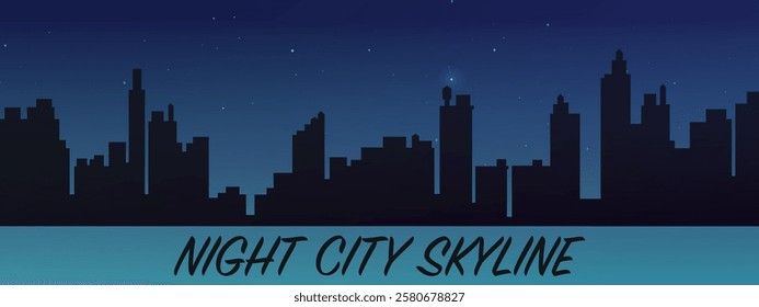 Silhouette of the city skyline illuminated by stars in a bright evening. Vector