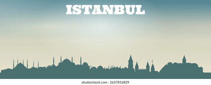 silhouette of the city skyline of Istanbul with several high-rise buildings of different shapes and heights against the background of a bright sky.