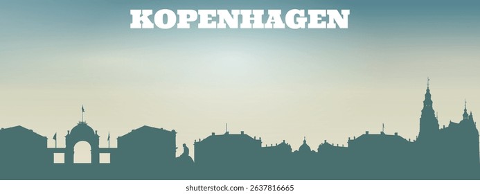 silhouette of the city skyline of Kopenhagen with several high-rise buildings of different shapes and heights against the background of a bright sky.

