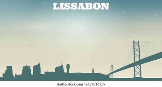  silhouette of the city skyline of Lissabon with several high-rise buildings of different shapes and heights against the background of a bright sky.