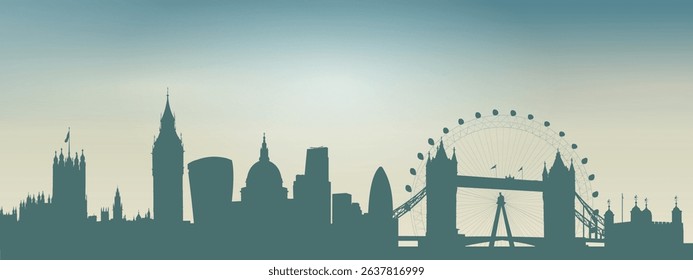 silhouette of the city skyline of London with several high-rise buildings of different shapes and heights against the background of a bright sky.