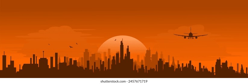 Silhouette city - Skyline metropolis with skyscrapers and airplane in the sunrise - Reise Urlaub Flugreise