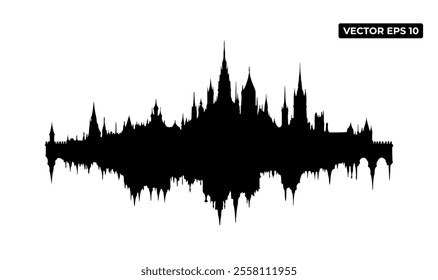 A silhouette of a city skyline represented as a sound wave.