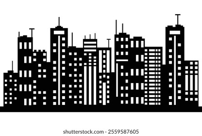 Silhouette of City Skyline with Skyscrapers and High-Rise Buildings in Black and White
