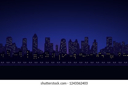 silhouette of city skyline and street lamp at night in black blue color sky background