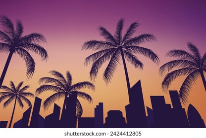 silhouette city skyline view with palm trees background	
