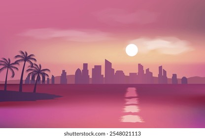 silhouette city skyline view with palm trees and beach background