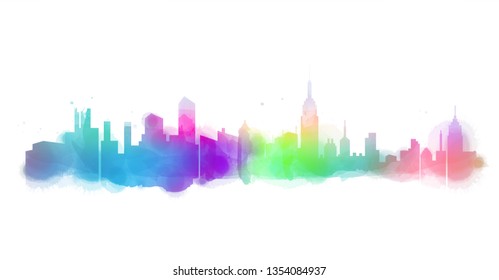 Silhouette of city skyline in watercolor background. Skyscraper with Copy Space Vector Illustration