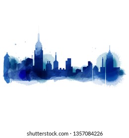 Silhouette of city skyline in watercolor background. Skyscraper with Copy Space Vector Illustration