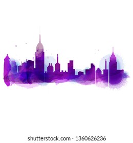 Silhouette of city skyline in watercolor background. Skyscraper with Copy Space Vector Illustration