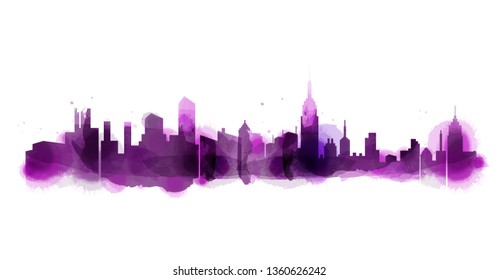Silhouette of city skyline in watercolor background. Skyscraper with Copy Space Vector Illustration
