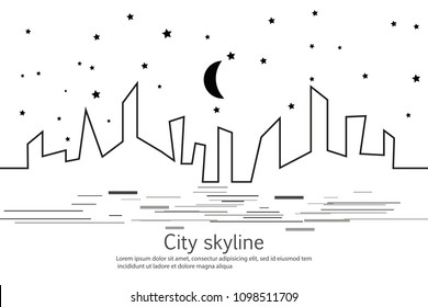 Silhouette of the city and star and moon in a flat style. Modern urban landscape. Vector illustrations. City skyscrapers building office horizon.Continuous line drawing. Vector line. Geometric figures