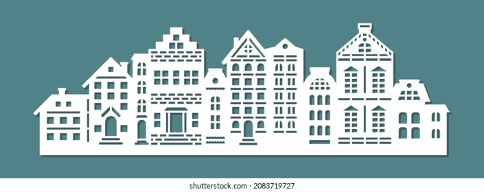 Silhouette of a city street. Facades of various buildings, houses cottages, townhouses. Many floors, attic, roof, chimney, windows, door. Vector template for plotter laser cutting of paper, wood, cnc.